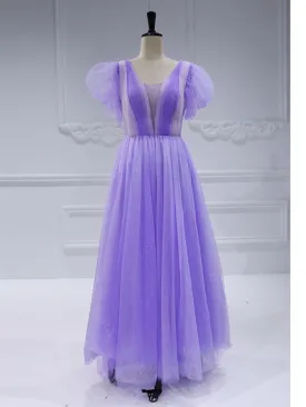 V Neck Glitter Tulle Ankle Length Dress Elegant Prom Dress #21336D