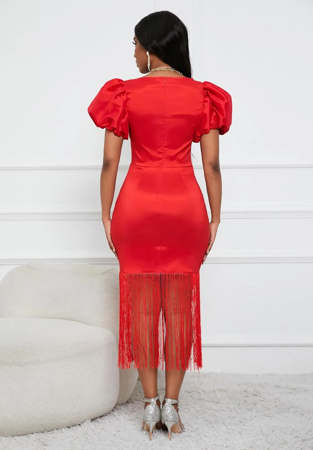VERWIN Puff Sleeve Bodycon Dress Fringe Maxi Dress V Neck Tiered Tassels Short Sleeve Prom Dress