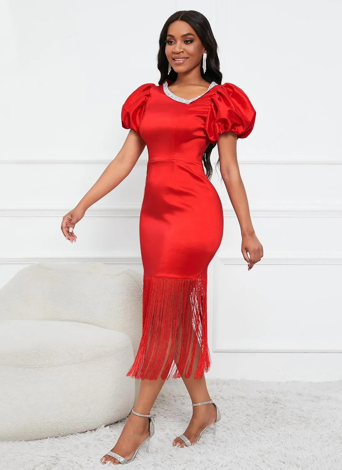 VERWIN Puff Sleeve Bodycon Dress Fringe Maxi Dress V Neck Tiered Tassels Short Sleeve Prom Dress