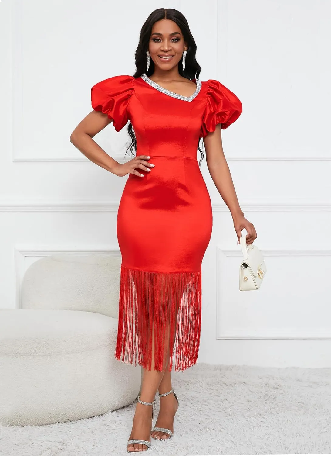 VERWIN Puff Sleeve Bodycon Dress Fringe Maxi Dress V Neck Tiered Tassels Short Sleeve Prom Dress