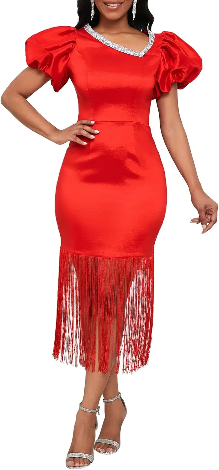 VERWIN Puff Sleeve Bodycon Dress Fringe Maxi Dress V Neck Tiered Tassels Short Sleeve Prom Dress