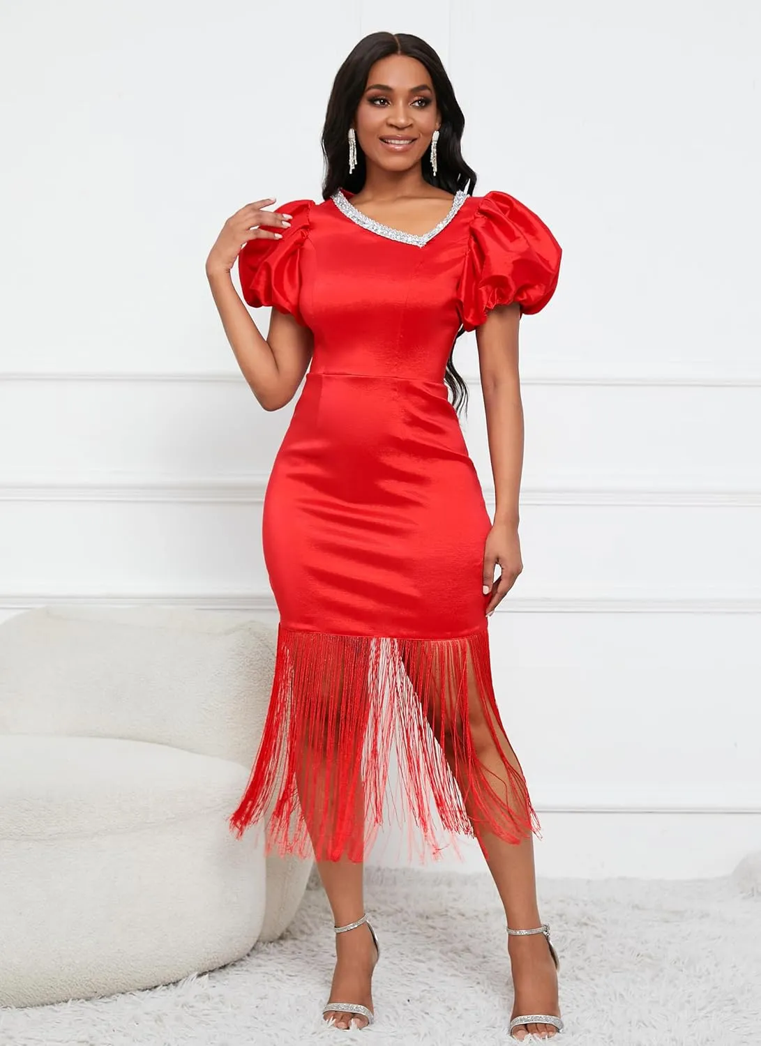VERWIN Puff Sleeve Bodycon Dress Fringe Maxi Dress V Neck Tiered Tassels Short Sleeve Prom Dress