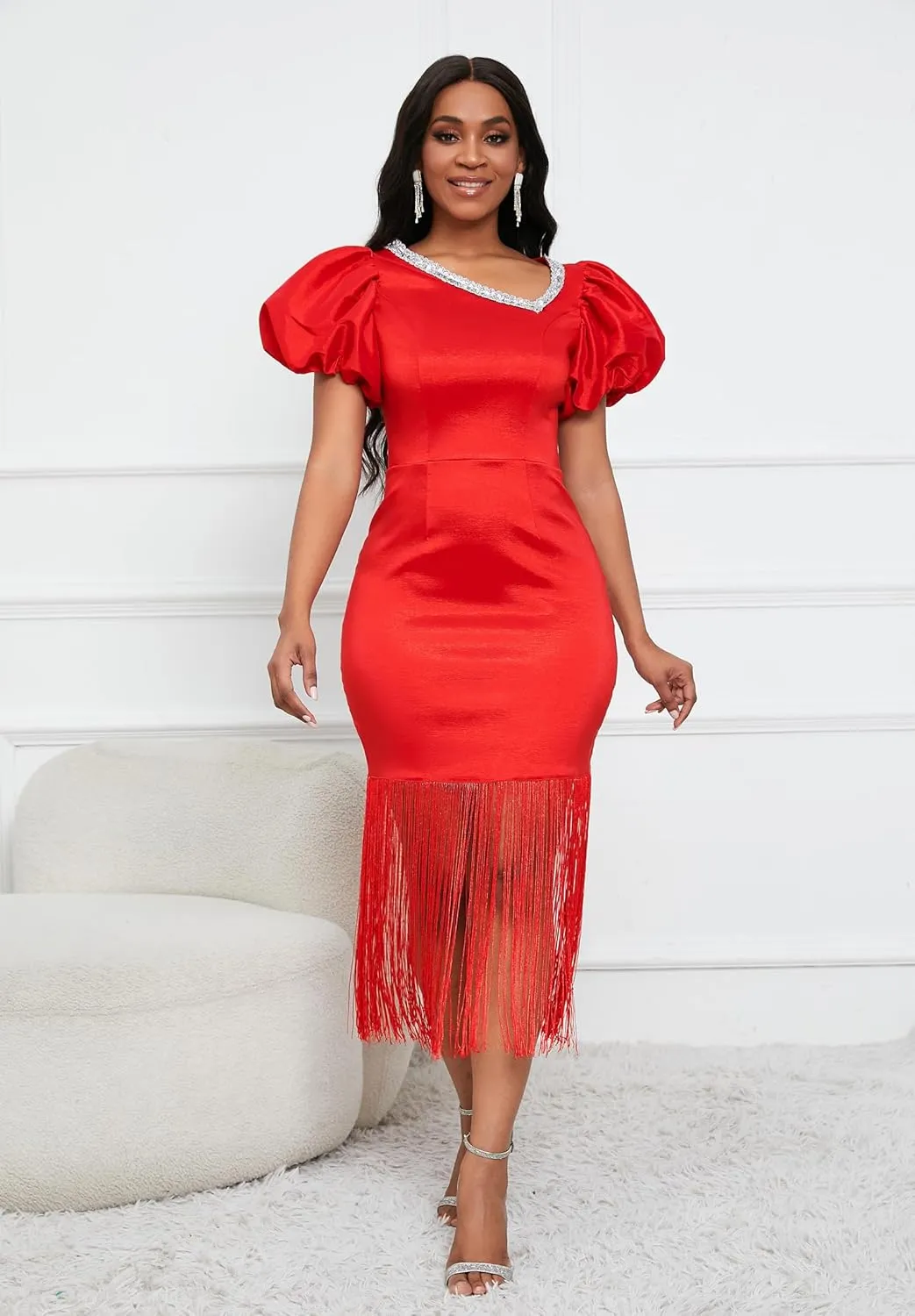 VERWIN Puff Sleeve Bodycon Dress Fringe Maxi Dress V Neck Tiered Tassels Short Sleeve Prom Dress