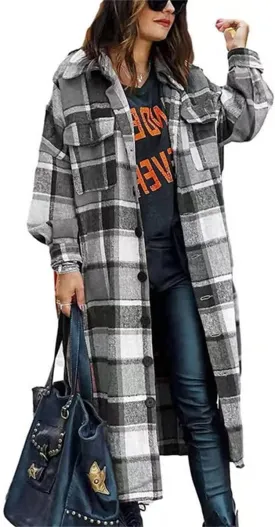 Wankang Long Flannel Jacket Women Oversized Lapel Button Up Long Sleeve Plaid Shirt Jacket Shacket Casual Tartan Trench Coat