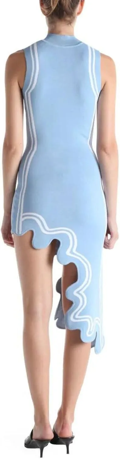 Wave-Print Asymmetric-Hem Dress for Women - Sexy Y2K Mock Neck Knit Bodycon Sleeveless Mini Midi Dress Streetwear