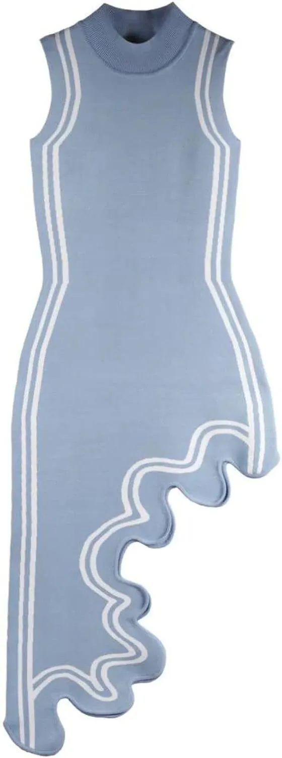 Wave-Print Asymmetric-Hem Dress for Women - Sexy Y2K Mock Neck Knit Bodycon Sleeveless Mini Midi Dress Streetwear