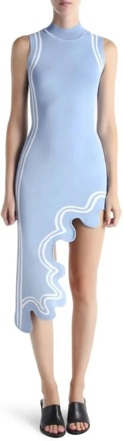 Wave-Print Asymmetric-Hem Dress for Women - Sexy Y2K Mock Neck Knit Bodycon Sleeveless Mini Midi Dress Streetwear