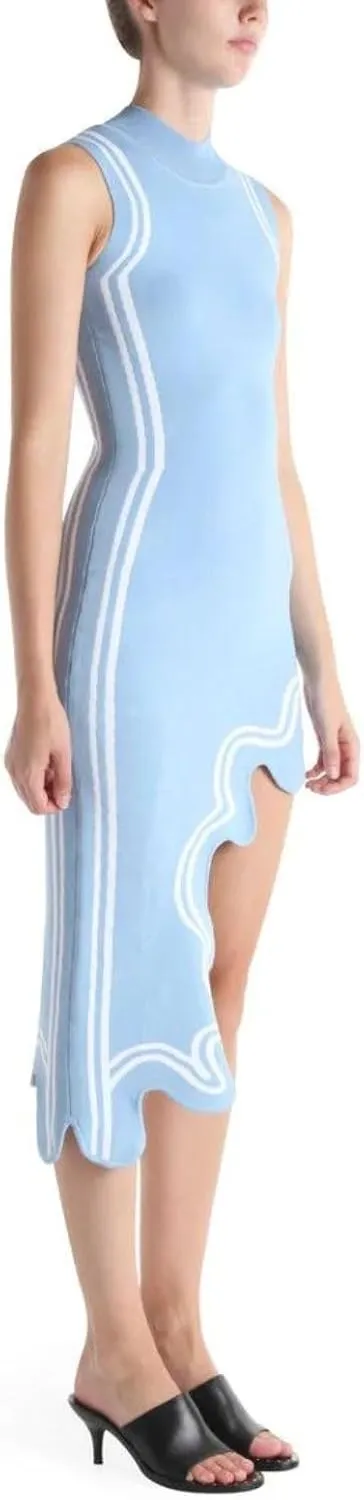 Wave-Print Asymmetric-Hem Dress for Women - Sexy Y2K Mock Neck Knit Bodycon Sleeveless Mini Midi Dress Streetwear