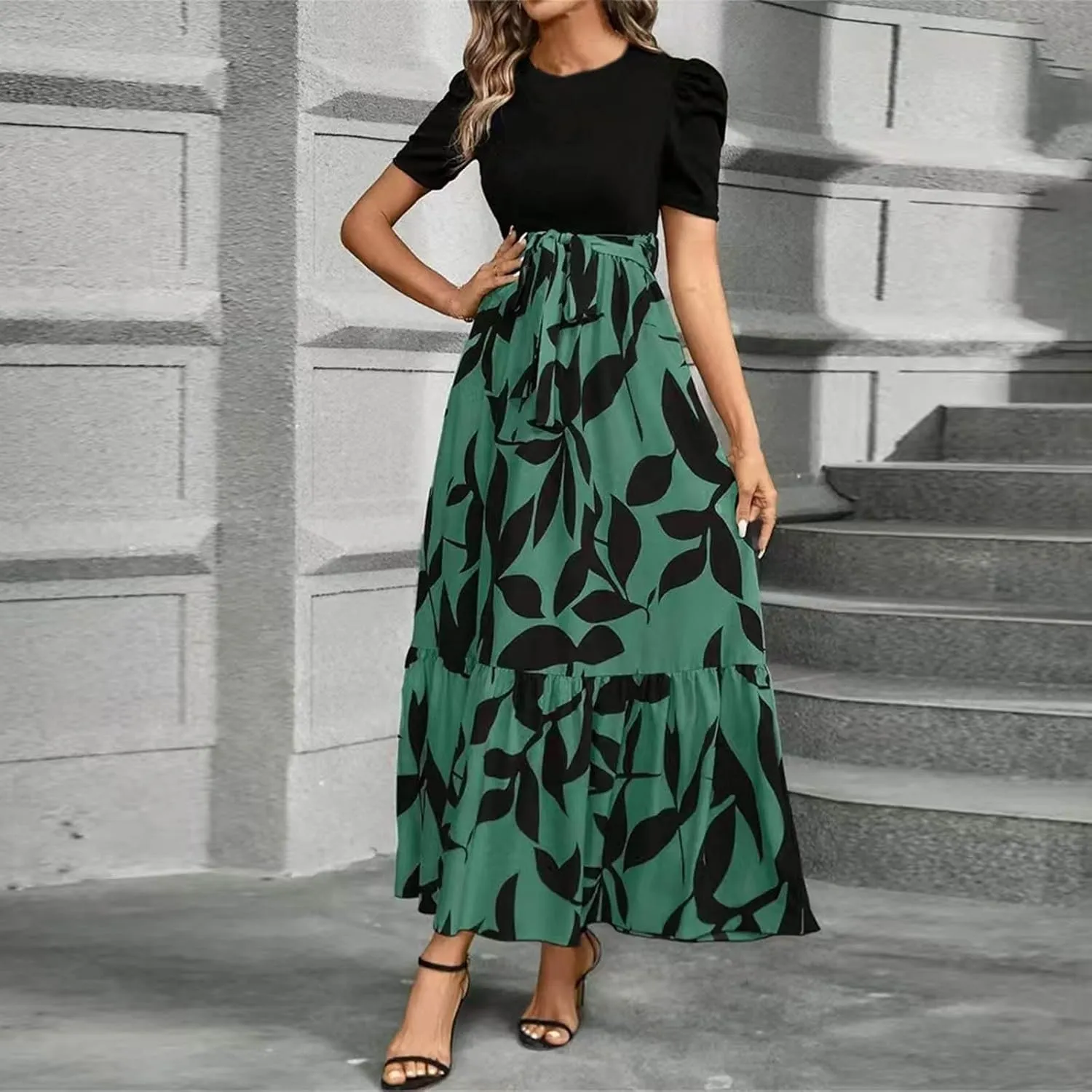 Wedding Guest Dresses for Women 2025 Summer Short Sleeve Floral Long Dress Cocktail Party A Line Flowy Maxi Skirts