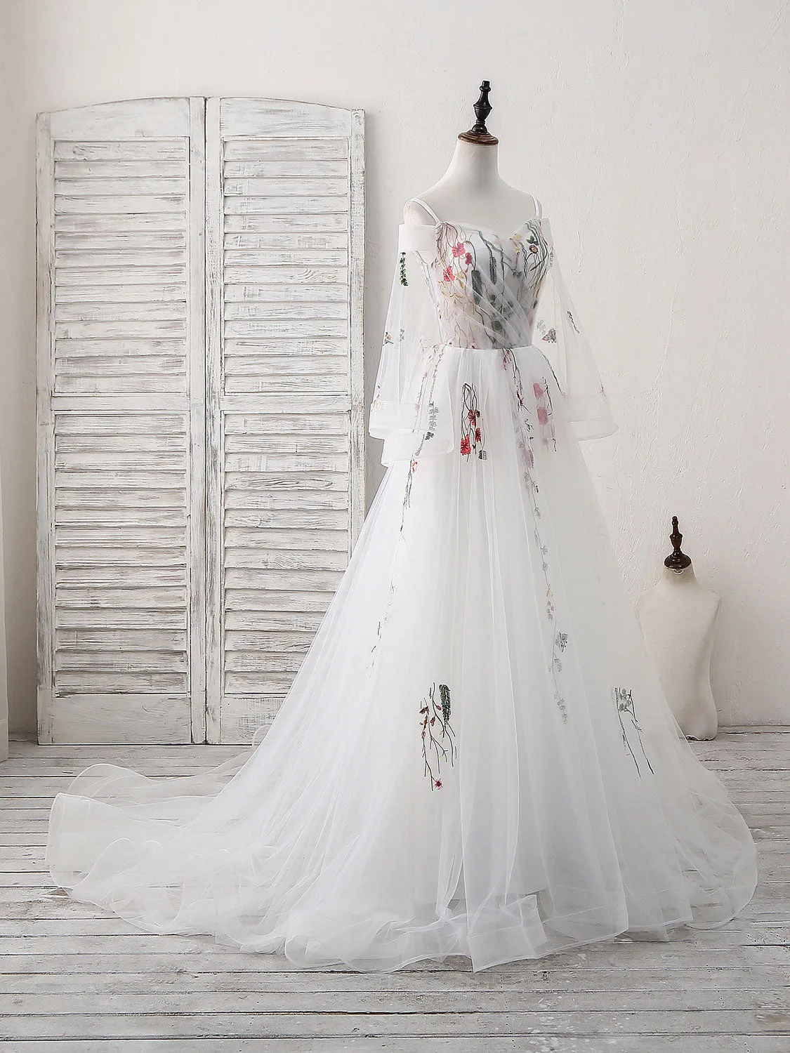 White Sweetheart Tulle Applique Long Prom Dress White Evening Dress
