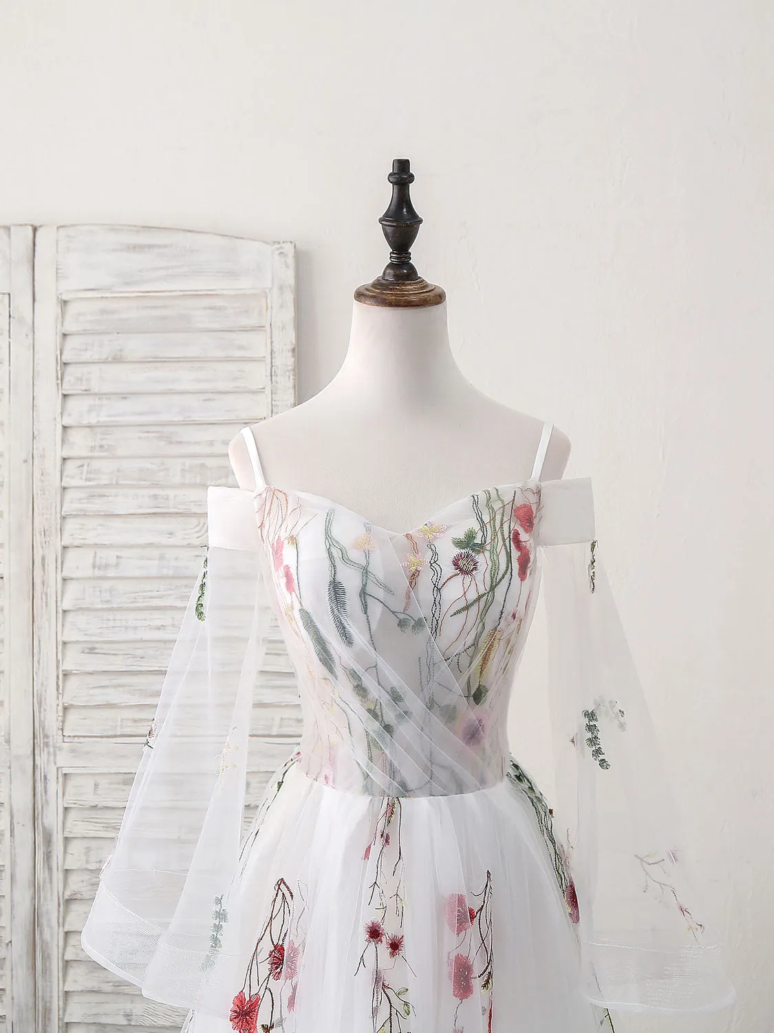 White Sweetheart Tulle Applique Long Prom Dress White Evening Dress