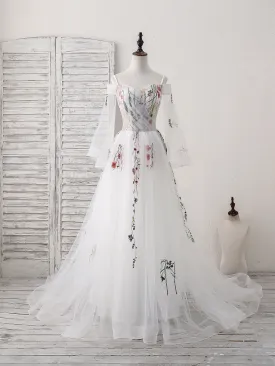 White Sweetheart Tulle Applique Long Prom Dress White Evening Dress