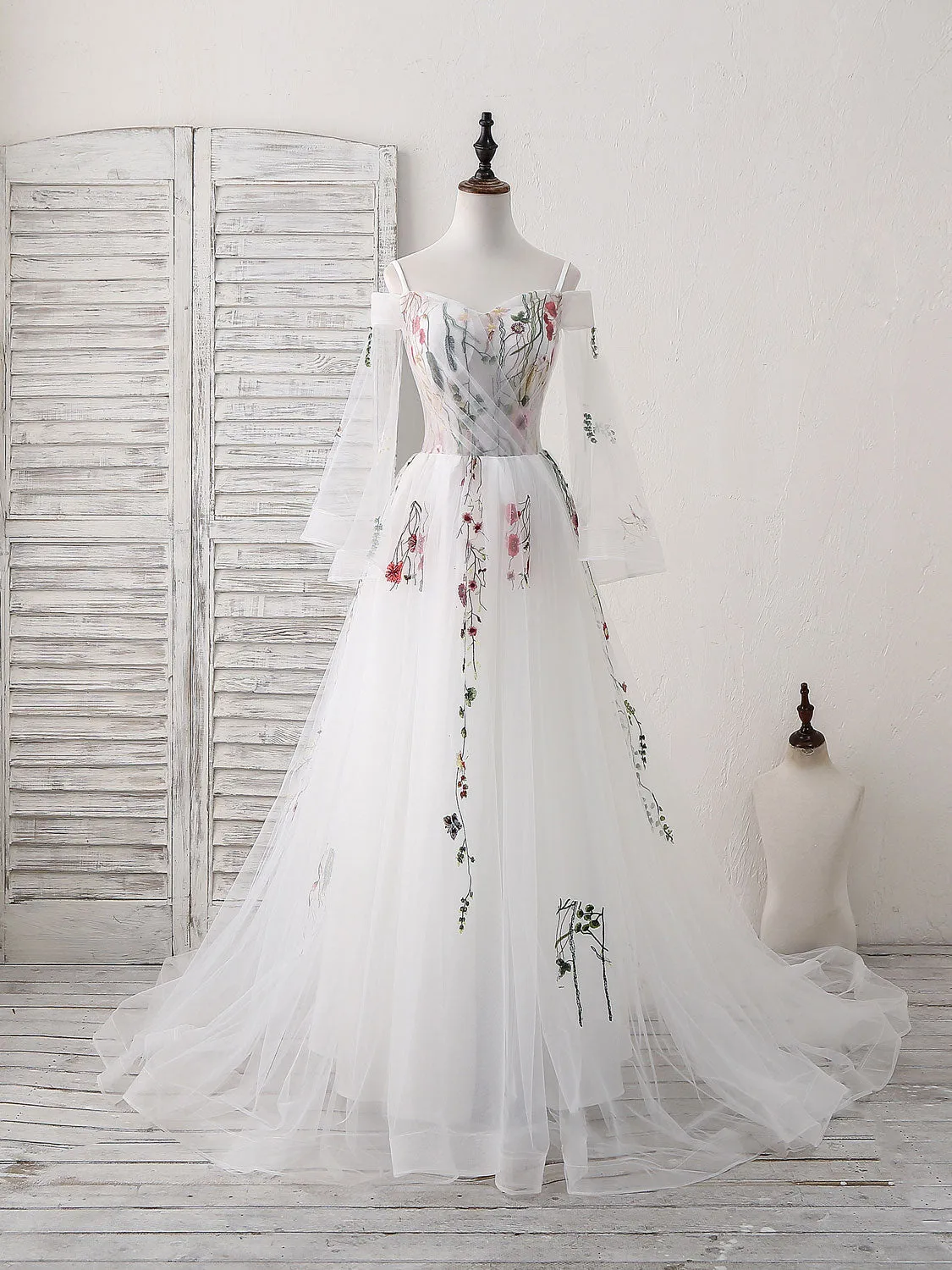 White Sweetheart Tulle Applique Long Prom Dress White Evening Dress