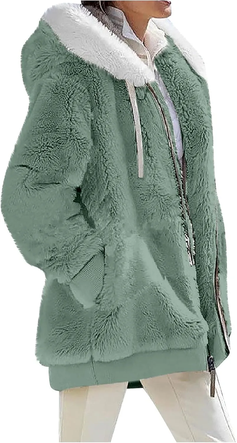 Winter Coats for Women Oversized Fuzzy Fleece Jacket Full Zip Plush Hooded Cardigan Coats Shaggy Warm Sherpa Jacket