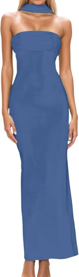 Women 2025 Summer Strapless Bodycon Midi Dress with Scarf Off Shoulder Strapless Side Slit Tube Long Club Party Dresses