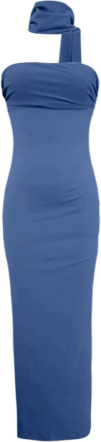 Women 2025 Summer Strapless Bodycon Midi Dress with Scarf Off Shoulder Strapless Side Slit Tube Long Club Party Dresses