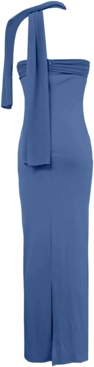 Women 2025 Summer Strapless Bodycon Midi Dress with Scarf Off Shoulder Strapless Side Slit Tube Long Club Party Dresses