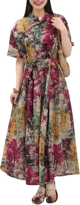 Women Boho Floral Print Cotton Long Maxi Skirt with Pockets and Adjustable Waistband Beach Casual Summer Dress