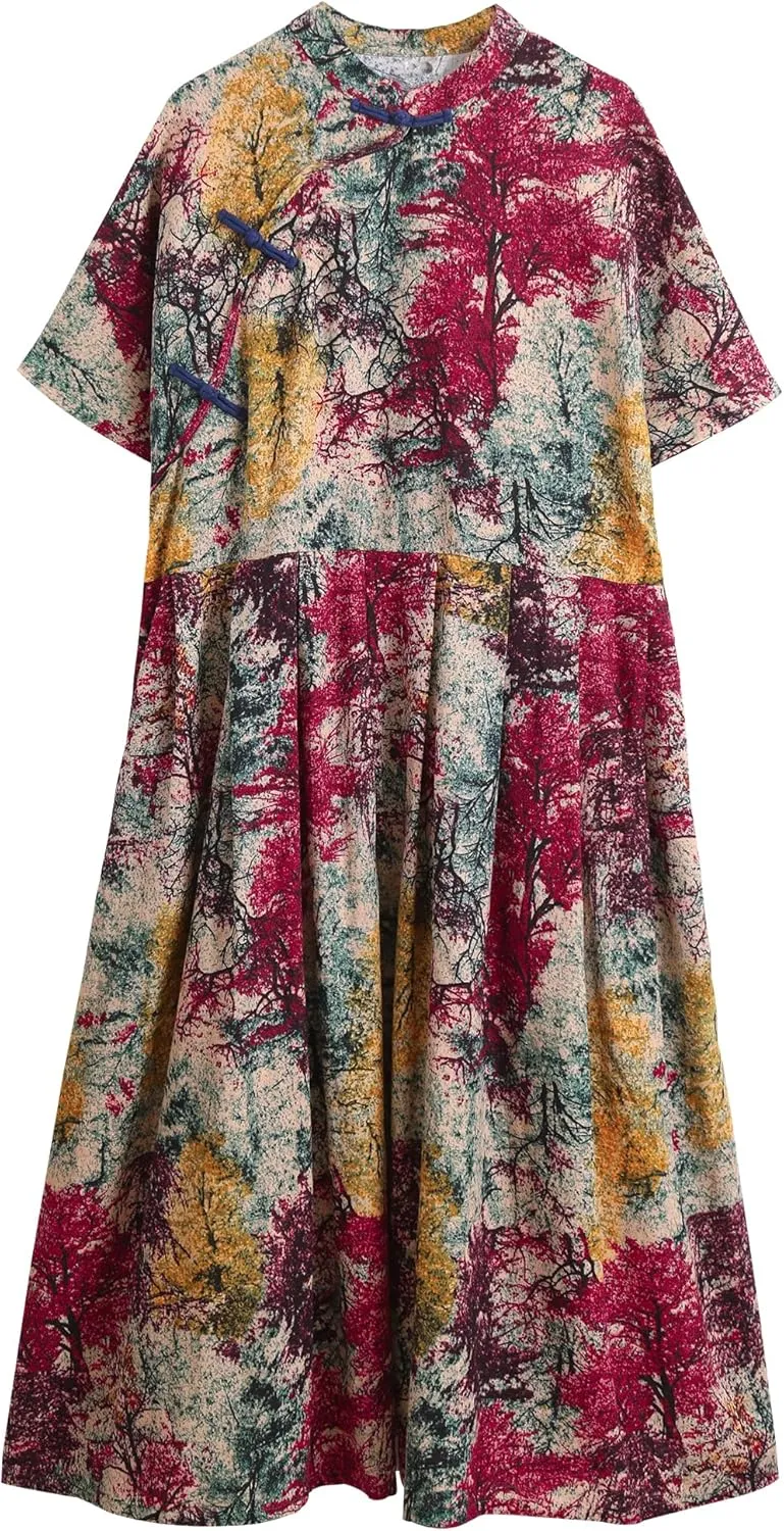 Women Boho Floral Print Cotton Long Maxi Skirt with Pockets and Adjustable Waistband Beach Casual Summer Dress