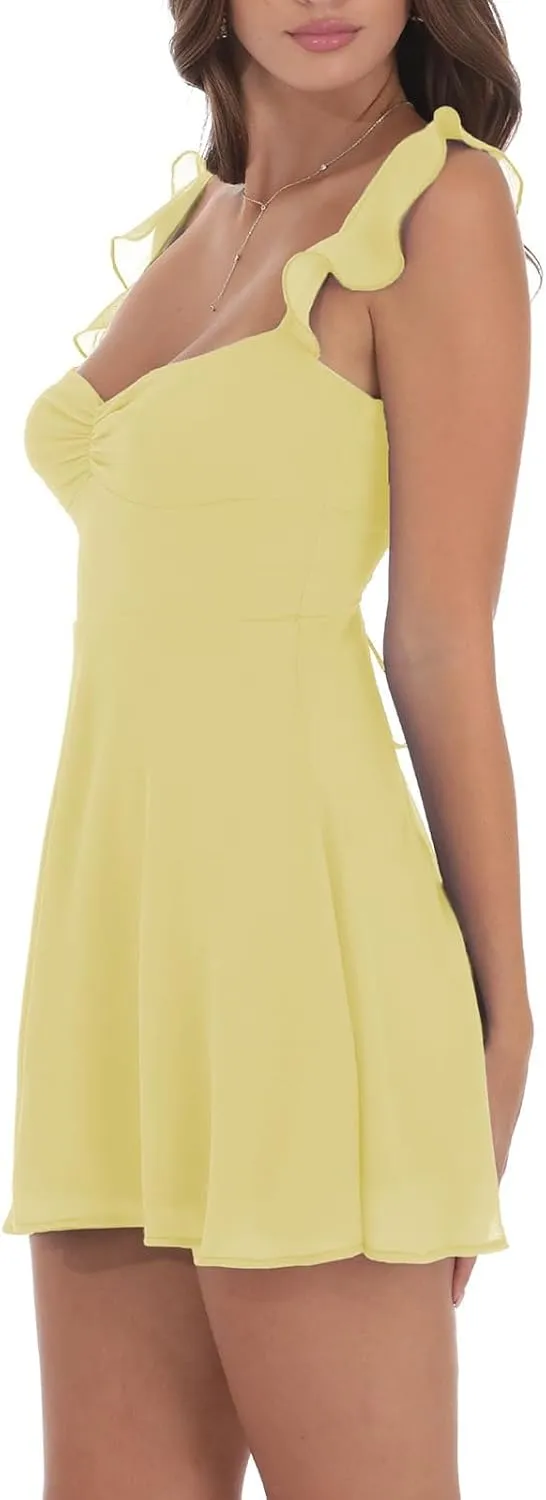 Women Fairy Lace Mini Cami Dress Y2k Sleeveless Ruffle Solid Dress Backless Smocked Waist Mesh Dress