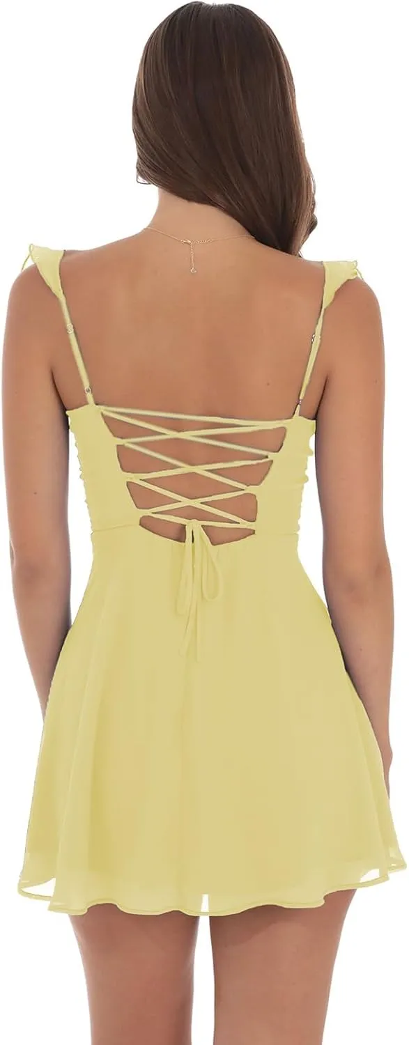 Women Fairy Lace Mini Cami Dress Y2k Sleeveless Ruffle Solid Dress Backless Smocked Waist Mesh Dress