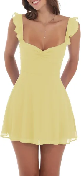 Women Fairy Lace Mini Cami Dress Y2k Sleeveless Ruffle Solid Dress Backless Smocked Waist Mesh Dress