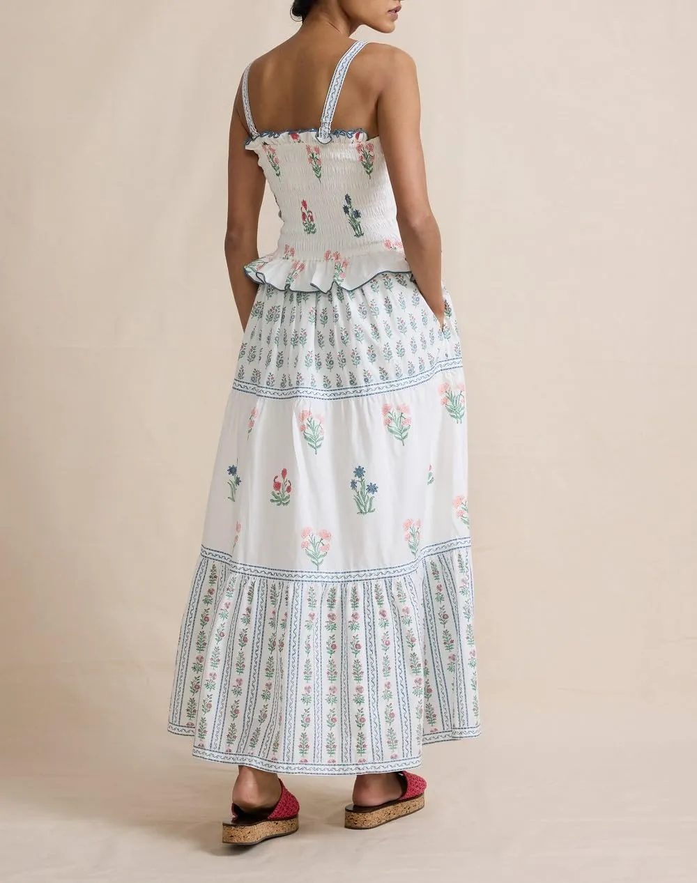 Women Floral Boho Maxi Dress Graphic Spaghetti Strap Long Dress Tiered Flowy Cami Dress Backless Beach Dress