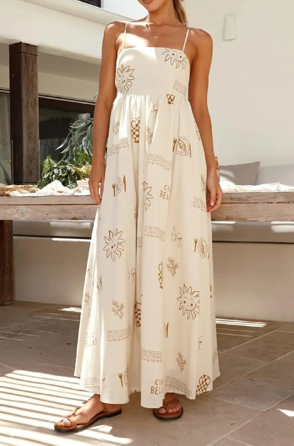 Women Floral Boho Maxi Dress Graphic Spaghetti Strap Long Dress Tiered Flowy Cami Dress Backless Beach Dress