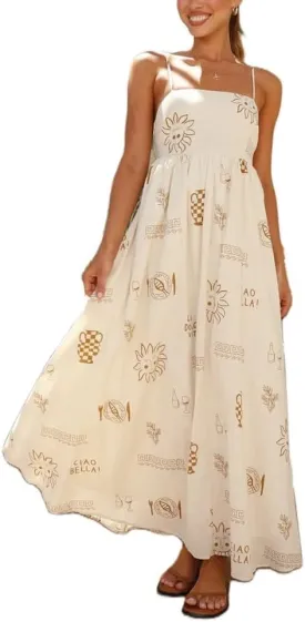 Women Floral Boho Maxi Dress Graphic Spaghetti Strap Long Dress Tiered Flowy Cami Dress Backless Beach Dress