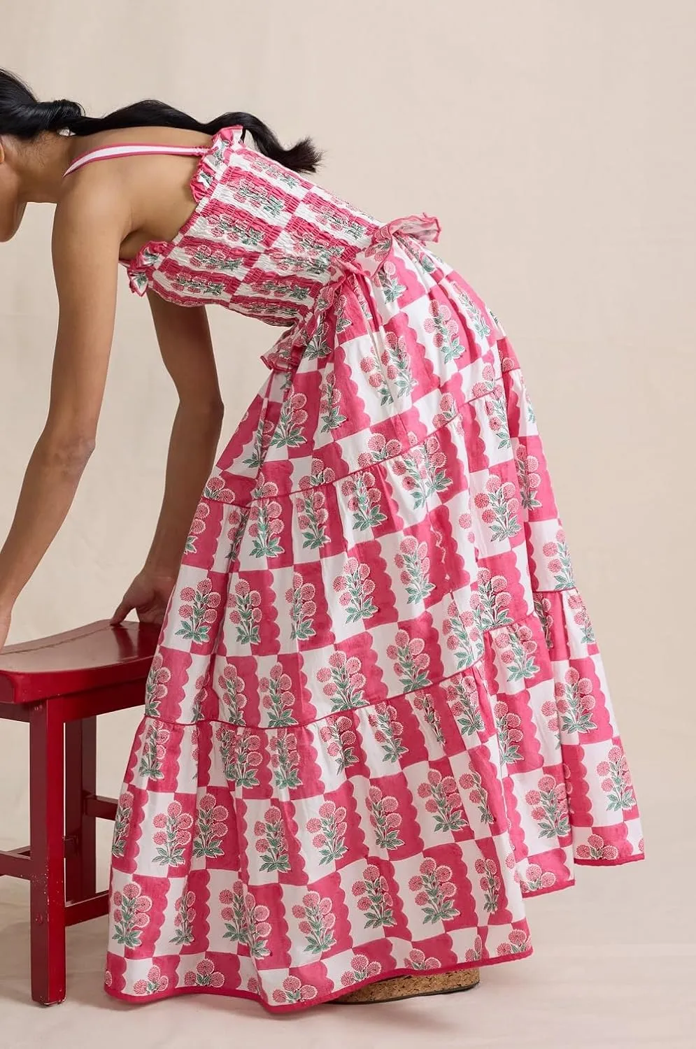 Women Floral Boho Maxi Dress Graphic Spaghetti Strap Long Dress Tiered Flowy Cami Dress Backless Beach Dress