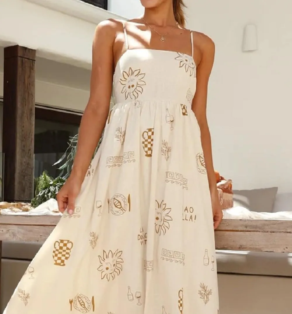 Women Floral Boho Maxi Dress Graphic Spaghetti Strap Long Dress Tiered Flowy Cami Dress Backless Beach Dress