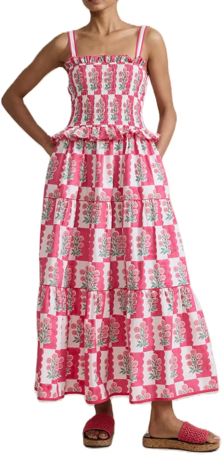 Women Floral Boho Maxi Dress Graphic Spaghetti Strap Long Dress Tiered Flowy Cami Dress Backless Beach Dress