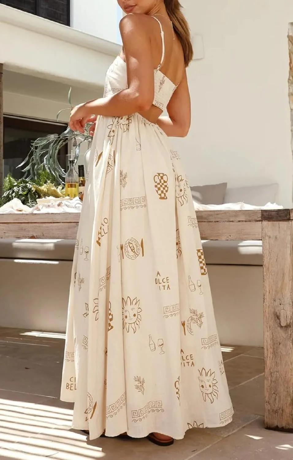 Women Floral Boho Maxi Dress Graphic Spaghetti Strap Long Dress Tiered Flowy Cami Dress Backless Beach Dress