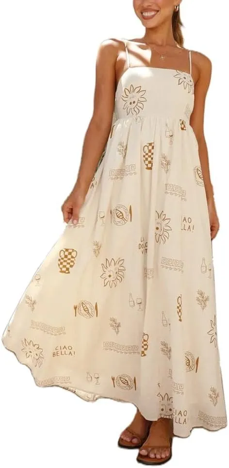 Women Floral Boho Maxi Dress Graphic Spaghetti Strap Long Dress Tiered Flowy Cami Dress Backless Beach Dress