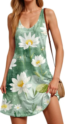 Women Summer Dresses Sleeveless Vacation Swimsuit Coverup Beach V Neck Dress with Pocket 2025 Printed Sundress