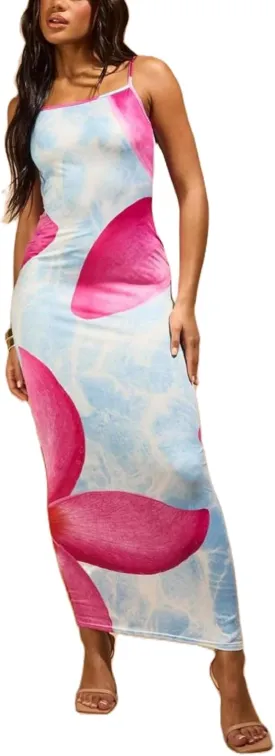 Women Y2k Floral Bodycon Maxi Dress Flower Print Spaghetti Strap Slip Dress Backless Sleeveless Slim Long Dress