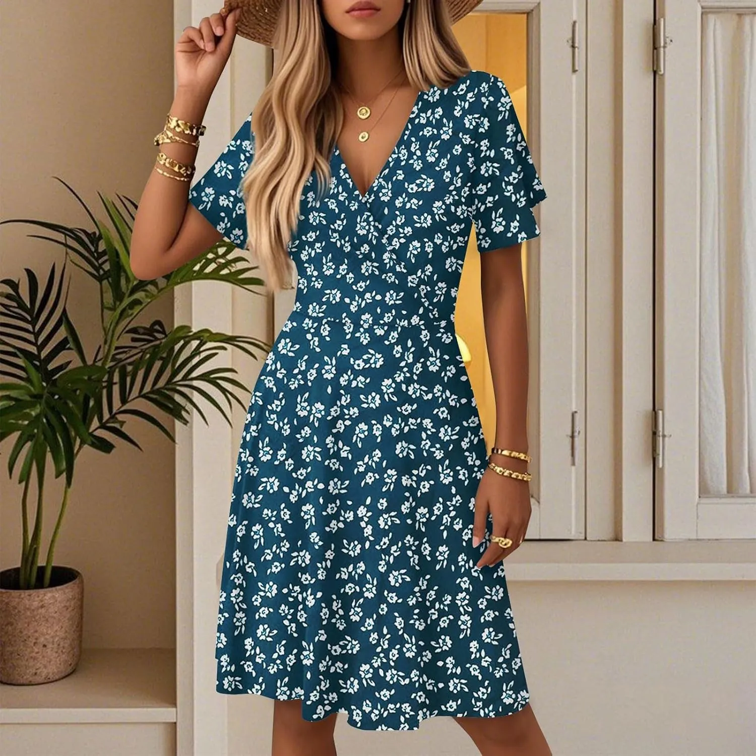 Women's Boho Floral Knee Length Summer Sundresses, V-Neck Short Sleeve High Waist Loose Fit Casual Beach Dress