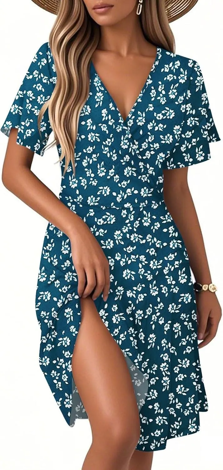 Women's Boho Floral Knee Length Summer Sundresses, V-Neck Short Sleeve High Waist Loose Fit Casual Beach Dress