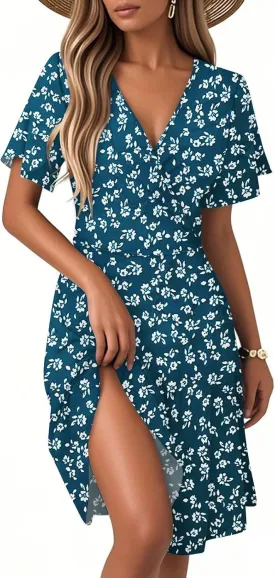 Women's Boho Floral Knee Length Summer Sundresses, V-Neck Short Sleeve High Waist Loose Fit Casual Beach Dress