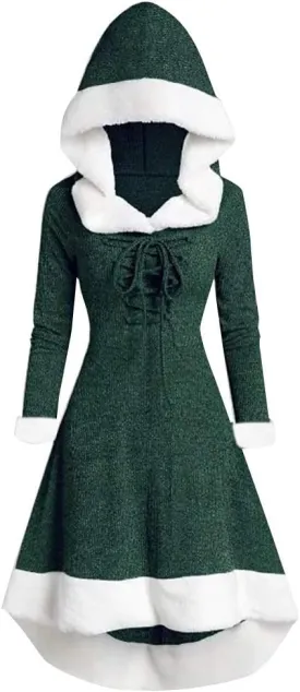 Womens Christmas Snowflake Elk Hooded High Low Flounce Hem Knit Dress Cloak Plush Patchwork Vintage Dress