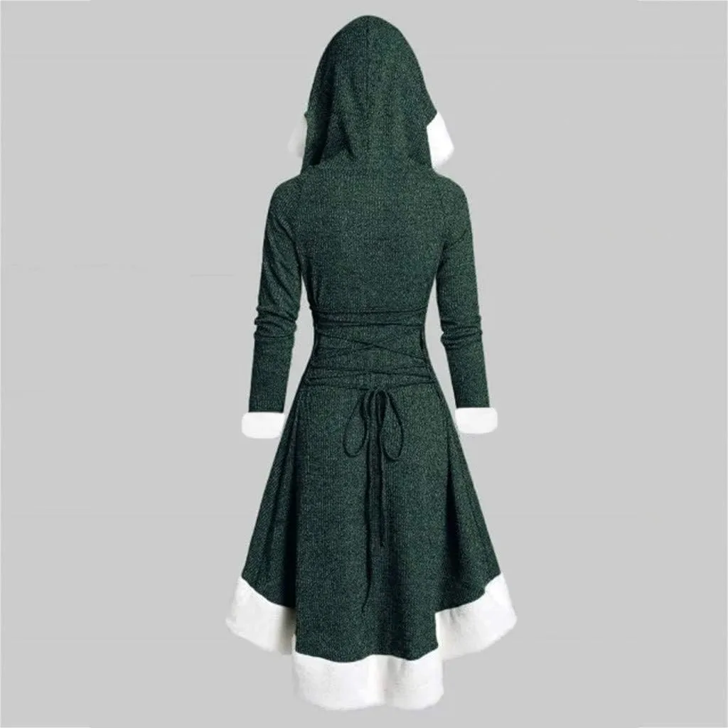 Womens Christmas Snowflake Elk Hooded High Low Flounce Hem Knit Dress Cloak Plush Patchwork Vintage Dress
