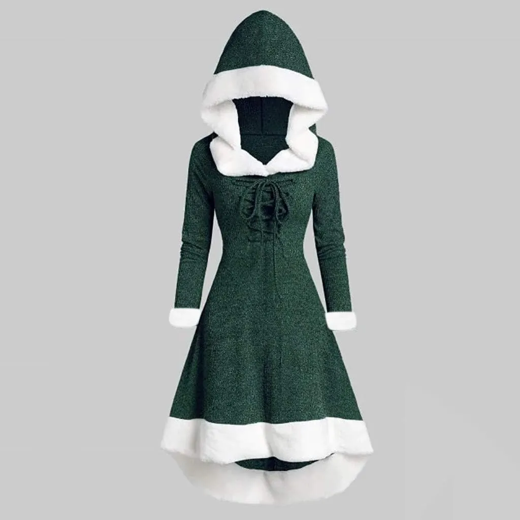 Womens Christmas Snowflake Elk Hooded High Low Flounce Hem Knit Dress Cloak Plush Patchwork Vintage Dress