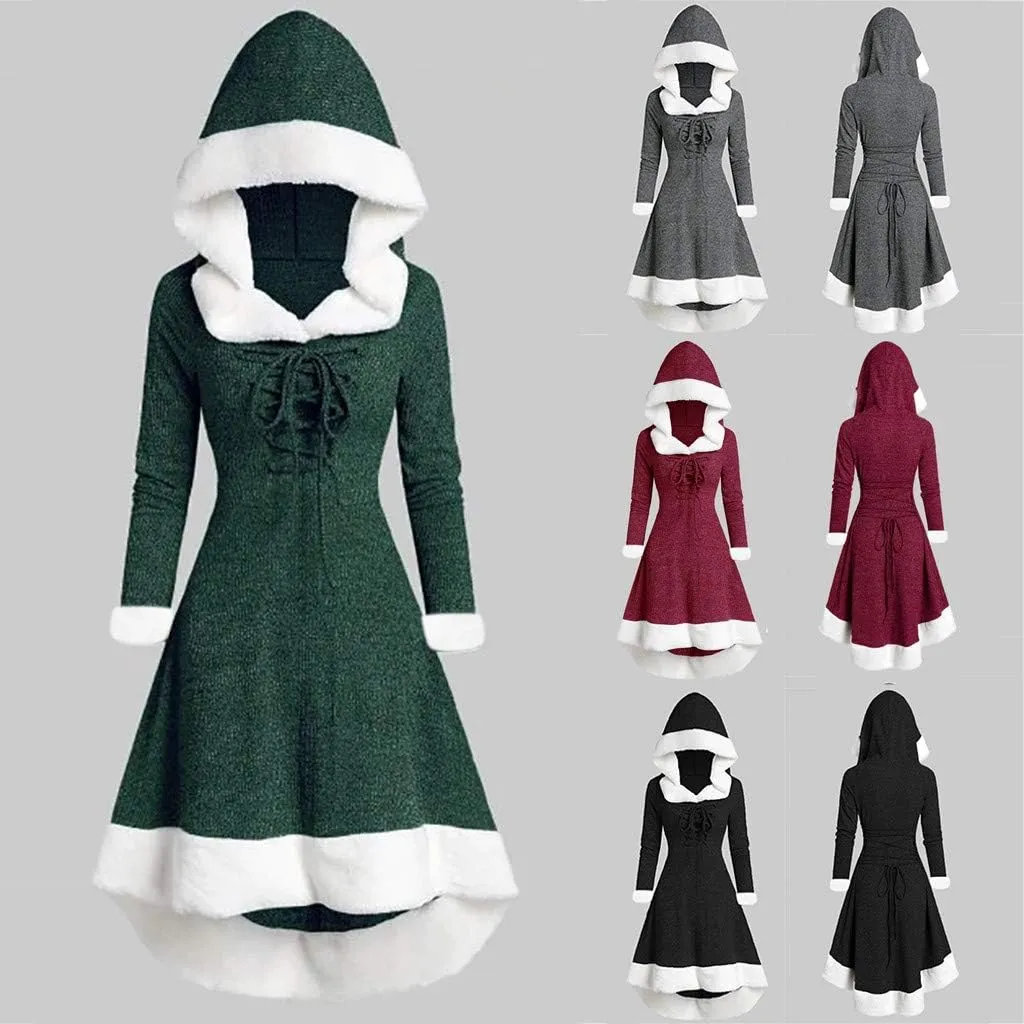 Womens Christmas Snowflake Elk Hooded High Low Flounce Hem Knit Dress Cloak Plush Patchwork Vintage Dress
