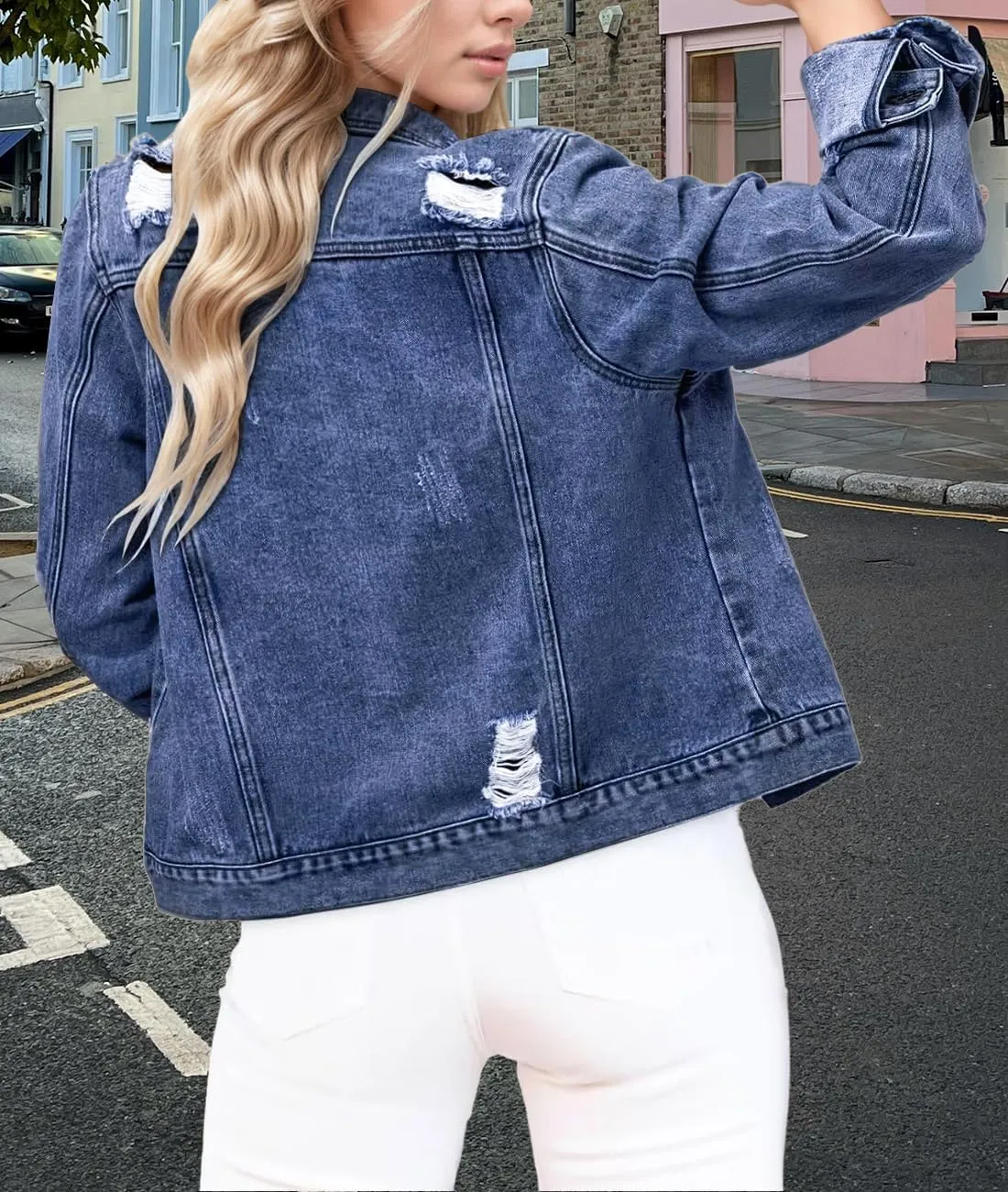 Women's Cropped Denim Jackets Distressed Long Sleeve Basic Button Down Jean Jacket