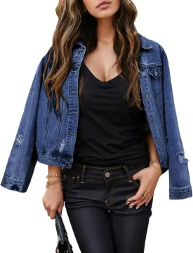Women's Cropped Denim Jackets Distressed Long Sleeve Basic Button Down Jean Jacket