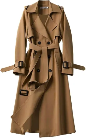 Women's Double Breasted Long Trench Coat Belted Notch Lapel Overcoat Windproof Classic Outerwear