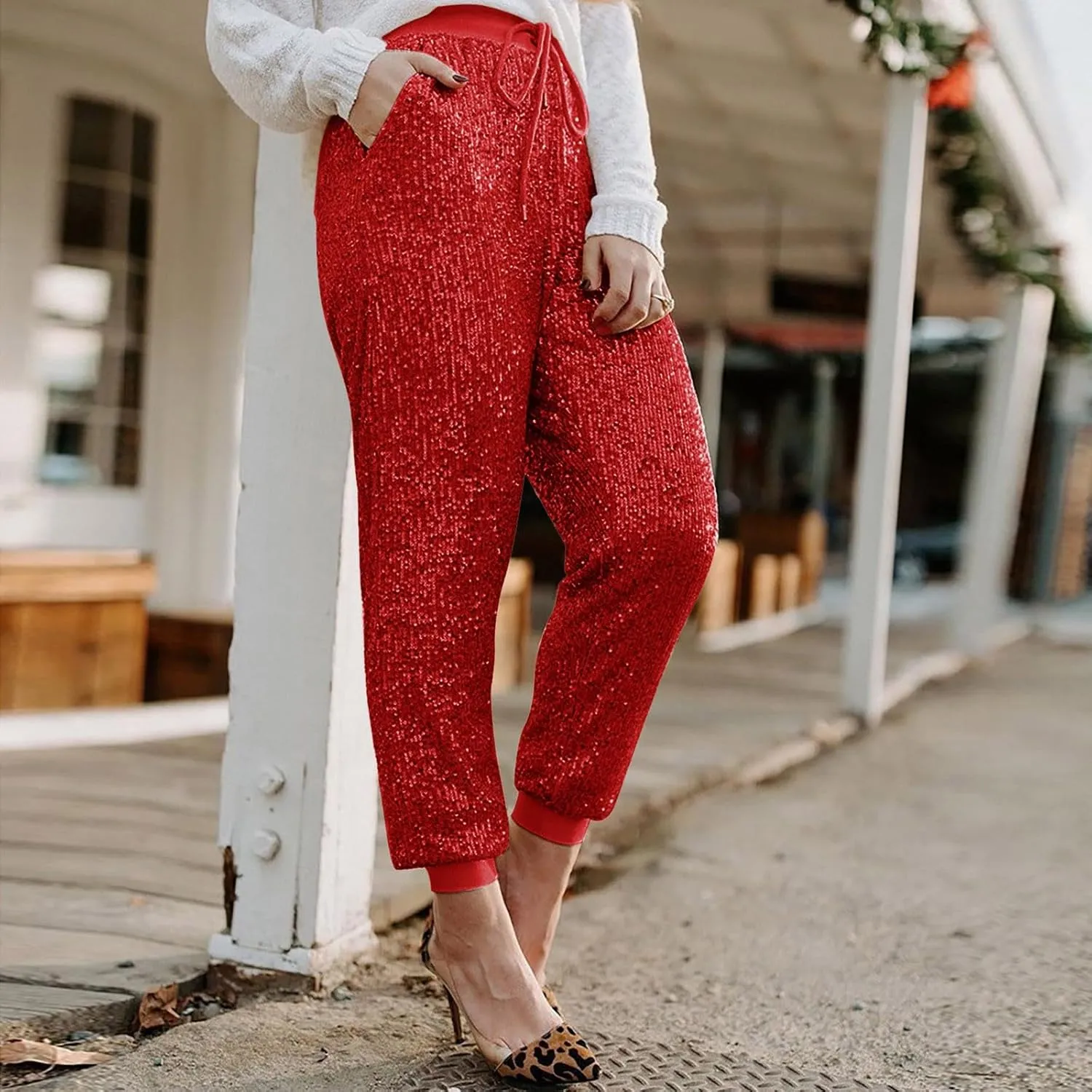 Womens Glitter Shiny Sequins Hip Hop Dance Baggy Harem Pants Bloomers Stretchy Trousers