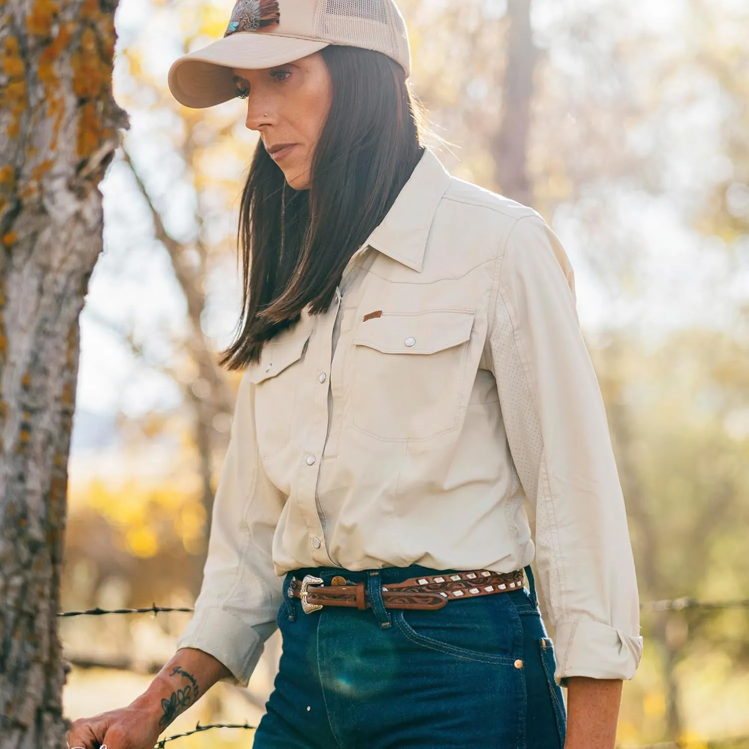 Women's Long Sleeve Stockyard Button Down Shirt, Breathable Performance UPF30 Work Shirt for Farmers and Ranchers