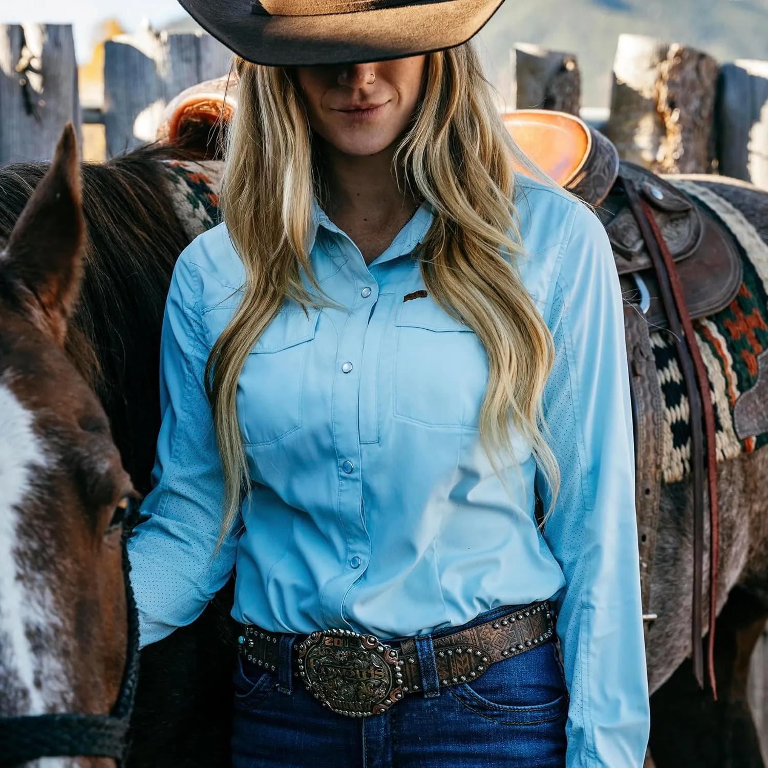 Women's Long Sleeve Stockyard Button Down Shirt, Breathable Performance UPF30 Work Shirt for Farmers and Ranchers