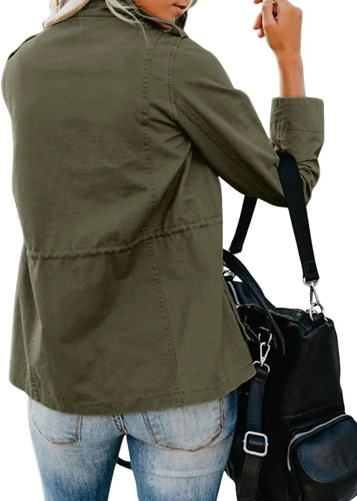 Women's Military Jackets Zip Up Snap Buttons Anorak Coat Utility Safari Jacket Lightweight Fall Outwear with Pockets